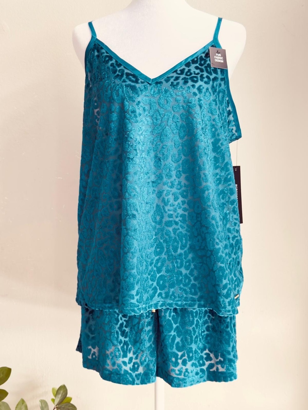 BCBGMaxAzria Teal Satin Leopard-Print Cami Set